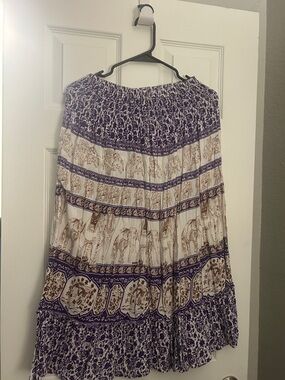 Bohemian elephant Tiered Maxi Skirt in Purple and Cream size M